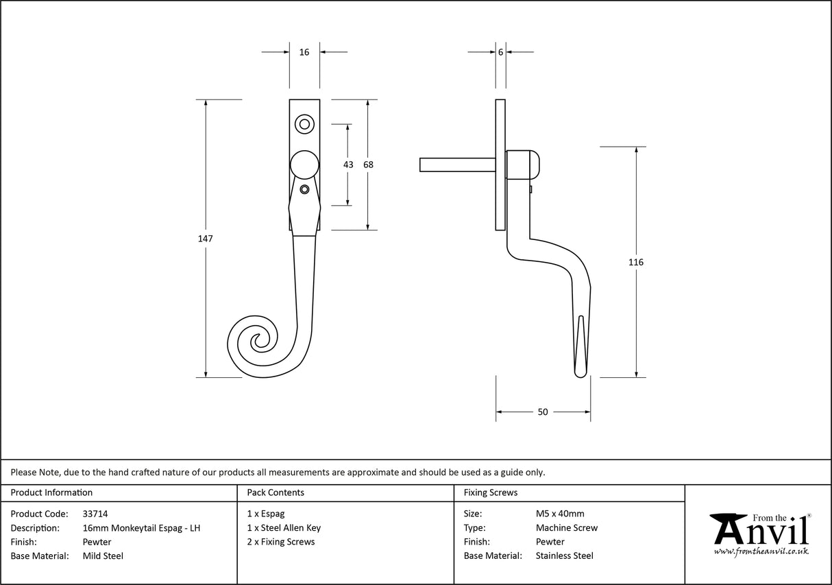 From The Anvil - Pewter 16mm Monkeytail Espag - LH | Sku. 33714 | Trade Door Handles.