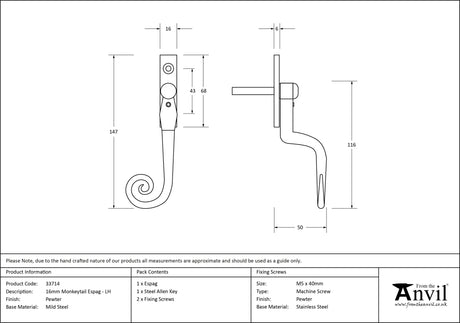 From The Anvil - Pewter 16mm Monkeytail Espag - LH | Sku. 33714 | Trade Door Handles.