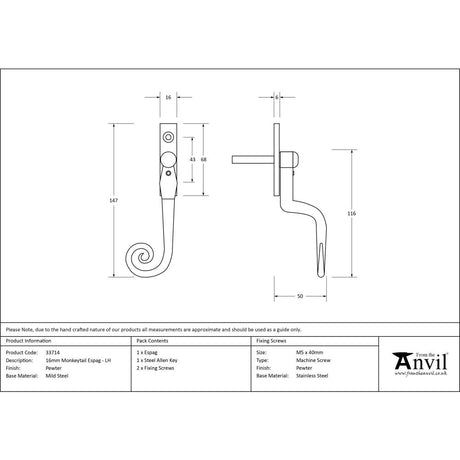 From The Anvil - Pewter 16mm Monkeytail Espag - LH | Sku. 33714 | Trade Door Handles.