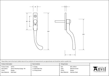 From The Anvil - Pewter 16mm Peardrop Espag - RH | Sku. 33715 | Trade Door Handles.