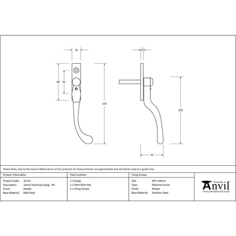 From The Anvil - Pewter 16mm Peardrop Espag - RH | Sku. 33715 | Trade Door Handles.