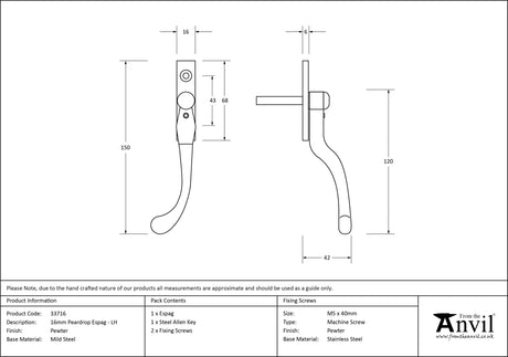 From The Anvil - Pewter 16mm Peardrop Espag - LH | Sku. 33716 | Trade Door Handles.