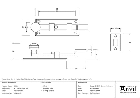 From The Anvil - Pewter 4" Cranked Knob Bolt | Sku. 33721 | Trade Door Handles.