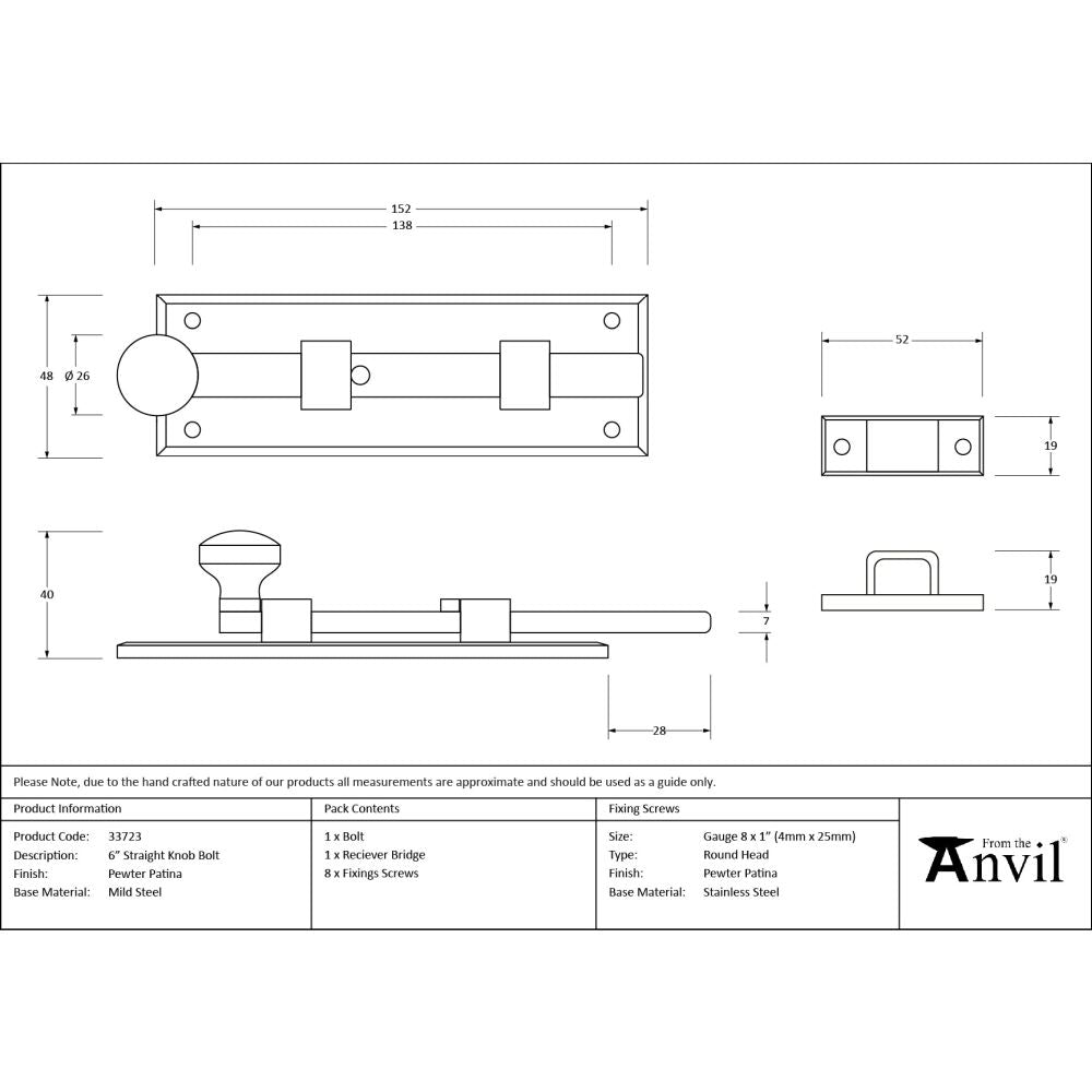 From The Anvil - Pewter 6" Straight Knob Bolt | Sku. 33723 | Trade Door Handles.