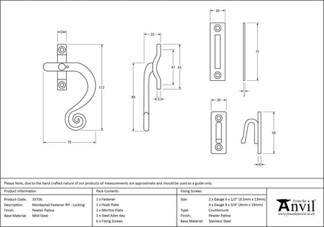 From The Anvil - Pewter Locking Monkeytail Fastener - RH | Sku. 33726 | Trade Door Handles.