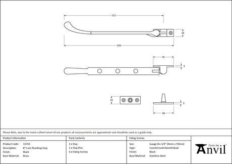 From The Anvil - Black 8" Cast Peardrop Stay | Sku. 33743 | Trade Door Handles.