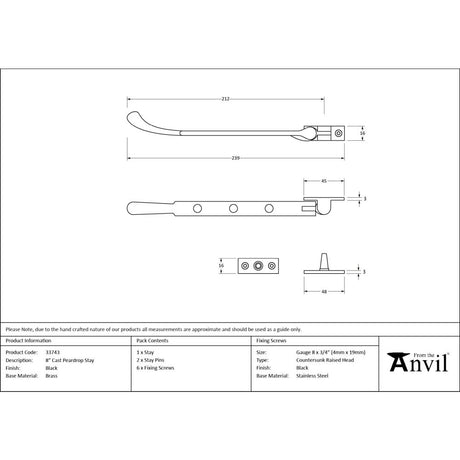 From The Anvil - Black 8" Cast Peardrop Stay | Sku. 33743 | Trade Door Handles.
