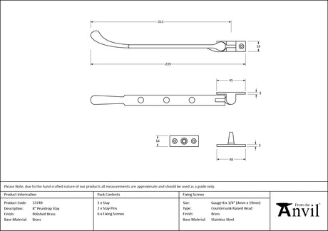 From The Anvil - Polished Brass 8" Peardrop Stay | Sku. 33749 | Trade Door Handles.