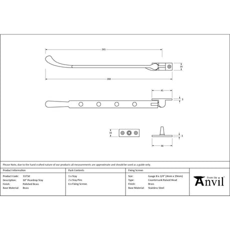 From The Anvil - Polished Brass 10" Peardrop Stay | Sku. 33750 | Trade Door Handles.