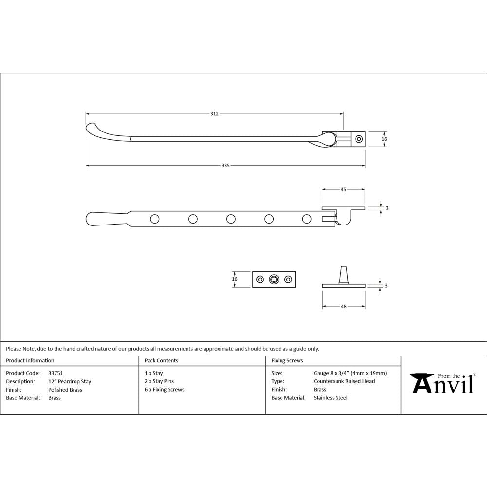 From The Anvil - Polished Brass 12" Peardrop Stay | Sku. 33751 | Trade Door Handles.