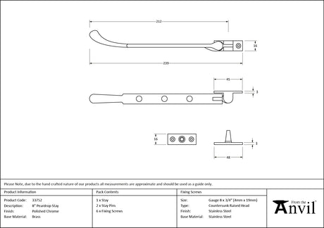 From The Anvil - Polished Chrome 8" Peardrop Stay | Sku. 33752 | Trade Door Handles.
