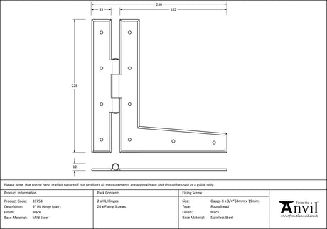 From The Anvil - Black 9" HL Hinge (pair) | Sku. 33758 | Trade Door Handles.