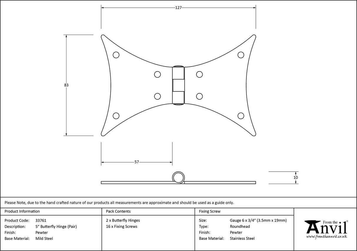 From The Anvil - Pewter 5" Butterfly Hinge (pair) | Sku. 33761 | Trade Door Handles.