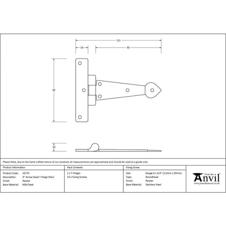 From The Anvil - Pewter 4" Arrow Head T Hinge (pair) | Sku. 33774 | Trade Door Handles.