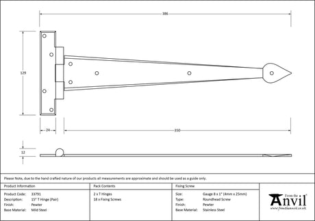 From The Anvil - Pewter 15" Arrow Head T Hinge (pair) | Sku. 33791 | Trade Door Handles.