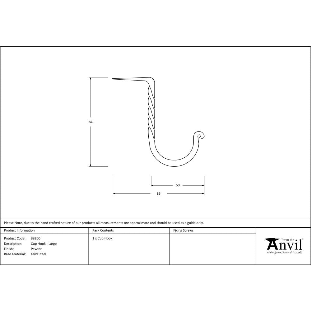 From The Anvil - Pewter Cup Hook - Large | Sku. 33800 | Trade Door Handles.