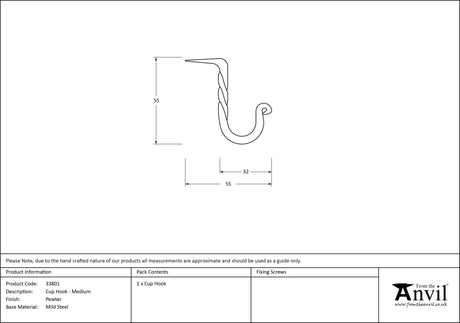 From The Anvil - Pewter Cup Hook - Medium | Sku. 33801 | Trade Door Handles.