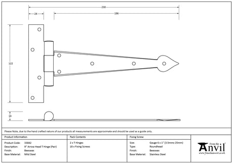 From The Anvil - Beeswax 9" Arrow Head T Hinge (pair) | Sku. 33842 | Trade Door Handles.