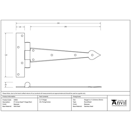 From The Anvil - Beeswax 9" Arrow Head T Hinge (pair) | Sku. 33842 | Trade Door Handles.