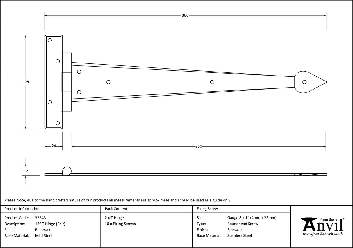 From The Anvil - Beeswax 15" Arrow Head T Hinge (pair) | Sku. 33843 | Trade Door Handles.