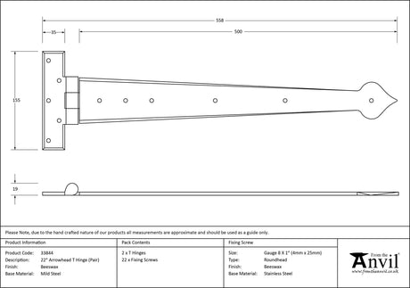 From The Anvil - Beeswax 22" Arrow Head T Hinge (pair) | Sku. 33844 | Trade Door Handles.