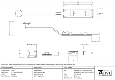 From The Anvil - Beeswax 6" French Door Bolt | Sku. 33855 | Trade Door Handles.