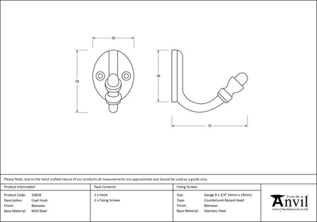 From The Anvil - Beeswax Coat Hook | Sku. 33858 | Trade Door Handles.