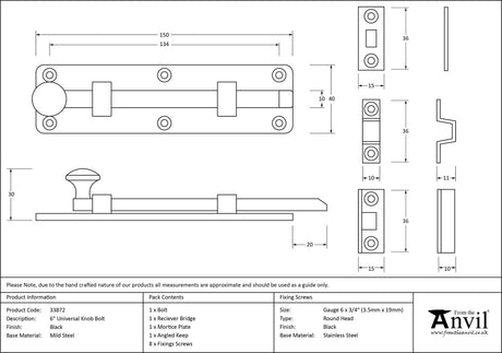 From The Anvil - Black 6" Universal Bolt | Sku. 33872 | Trade Door Handles.