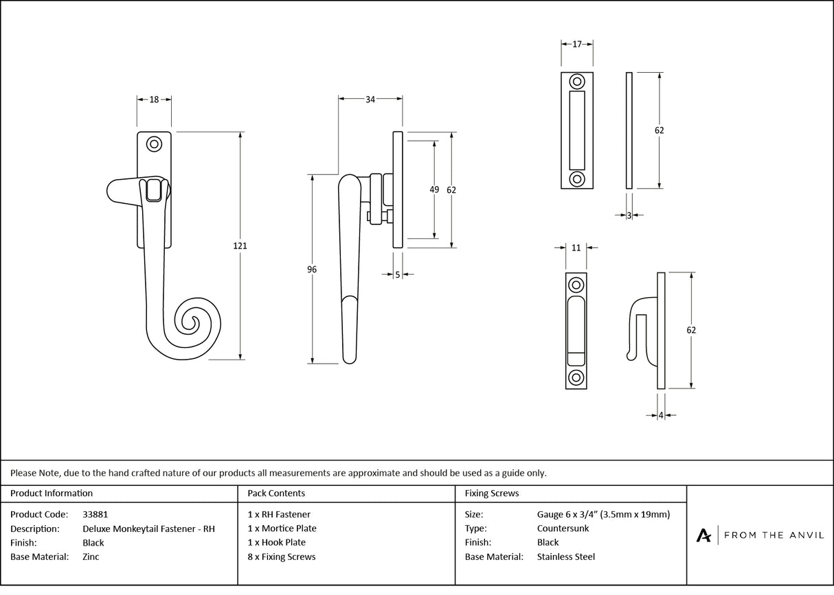 From The Anvil - Black Locking Deluxe Monkeytail Fastener - RH | Sku. 33881 | Trade Door Handles.