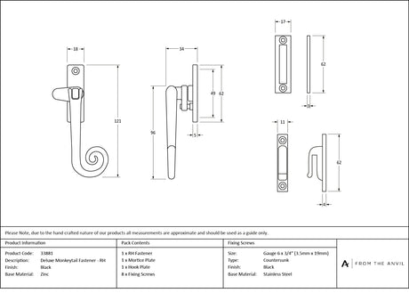 From The Anvil - Black Locking Deluxe Monkeytail Fastener - RH | Sku. 33881 | Trade Door Handles.