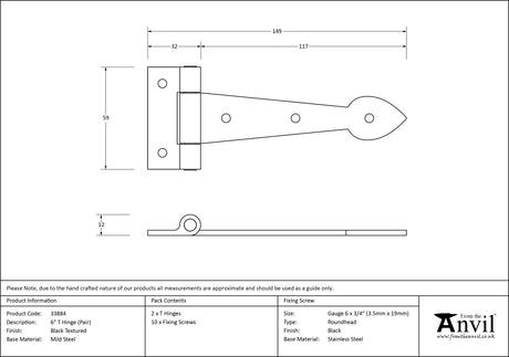 From The Anvil - Black Textured 6" Cast T Hinge (pair) | Sku. 33884 | Trade Door Handles.