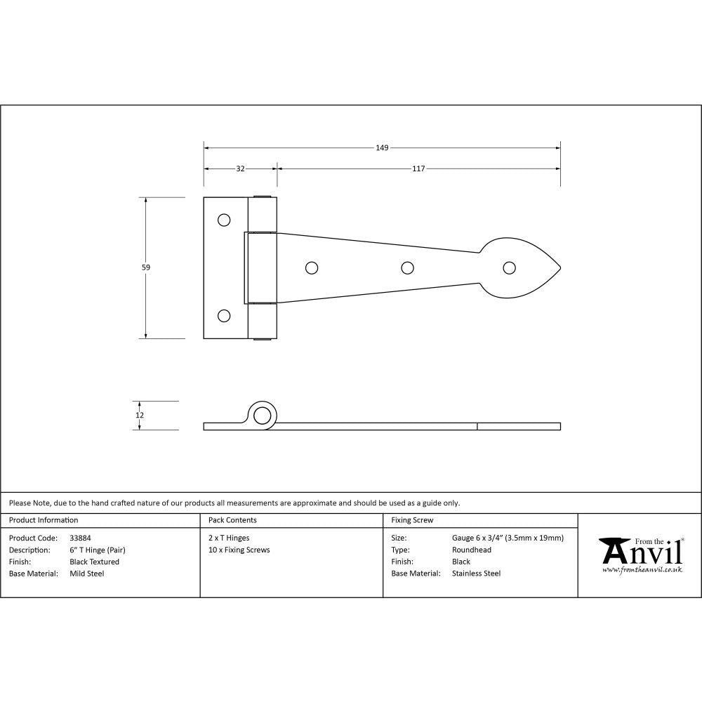 From The Anvil - Black Textured 6" Cast T Hinge (pair) | Sku. 33884 | Trade Door Handles.