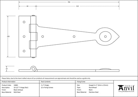 From The Anvil - Black Textured 10‚¬Å¡½" Cast T Hinge (pair) | Sku. 33885 | Trade Door Handles.