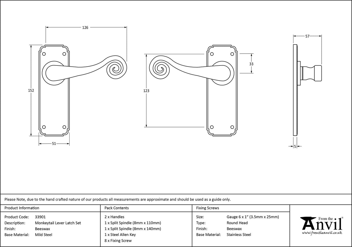 From The Anvil - Beeswax Monkeytail Lever Latch Set | Sku. 33901 | Trade Door Handles.