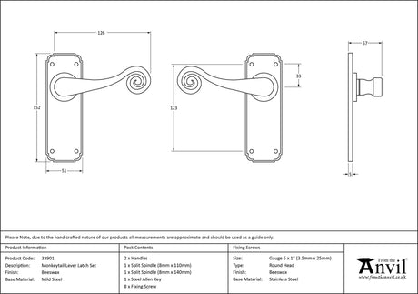 From The Anvil - Beeswax Monkeytail Lever Latch Set | Sku. 33901 | Trade Door Handles.