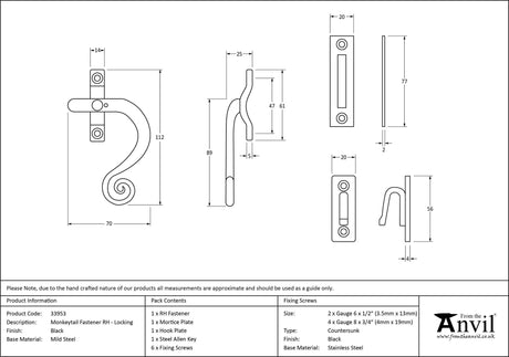 From The Anvil - Black Locking Monkeytail Fastener - RH | Sku. 33953 | Trade Door Handles.
