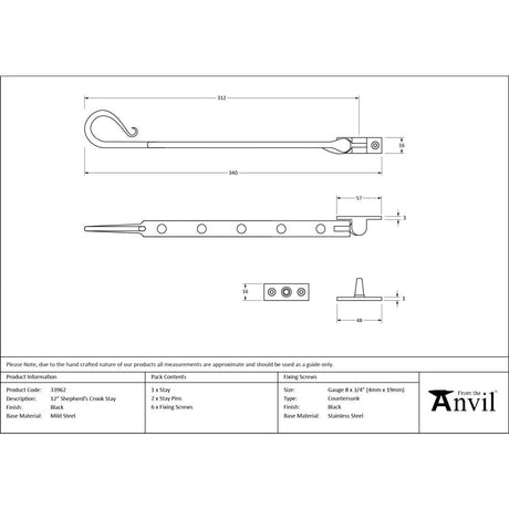 From The Anvil - Black 12" Shepherd's Crook Stay | Sku. 33962 | Trade Door Handles.
