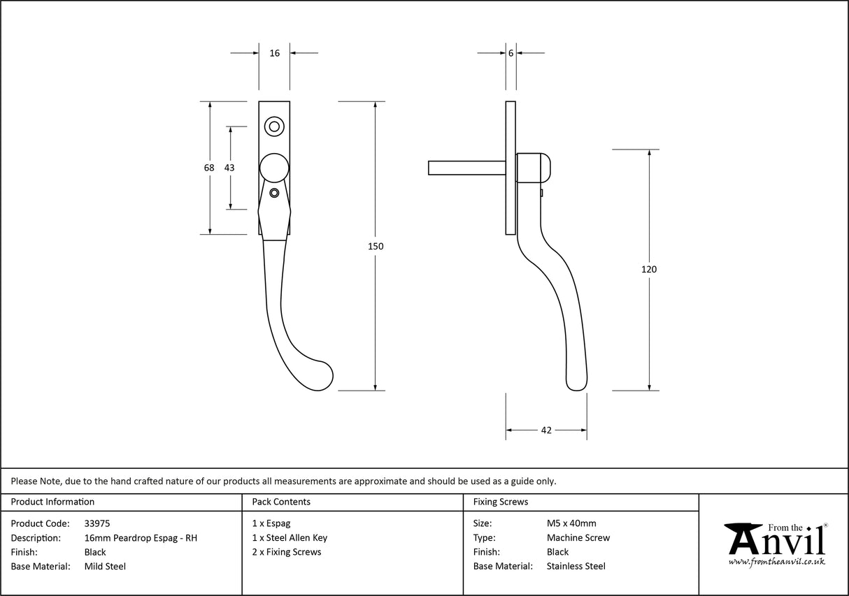 From The Anvil - Black 16mm Peardrop Espag - RH | Sku. 33975 | Trade Door Handles.