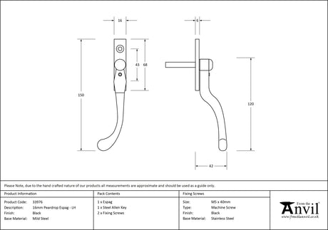 From The Anvil - Black 16mm Peardrop Espag - LH | Sku. 33976 | Trade Door Handles.
