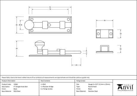 From The Anvil - Black 4" Straight Knob Bolt | Sku. 33982 | Trade Door Handles.