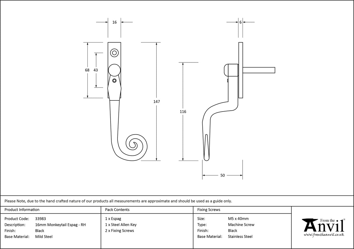 From The Anvil - Black 16mm Monkeytail Espag - RH | Sku. 33983 | Trade Door Handles.