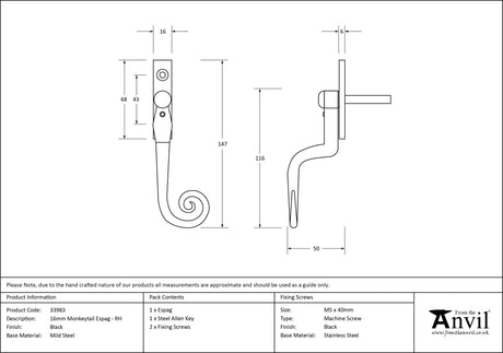 From The Anvil - Black 16mm Monkeytail Espag - RH | Sku. 33983 | Trade Door Handles.