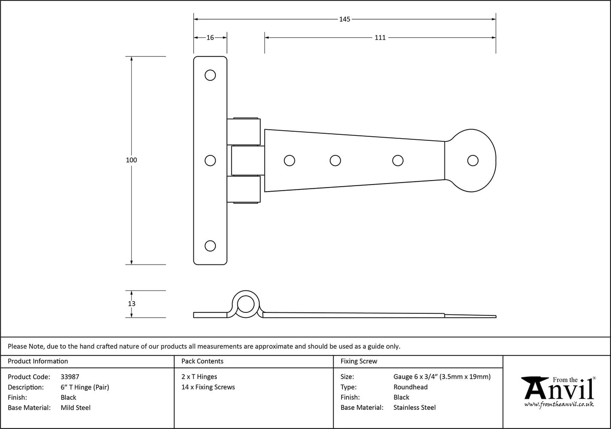 From The Anvil - Black 6" Penny End T Hinge (pair) | Sku. 33987 | Trade Door Handles.
