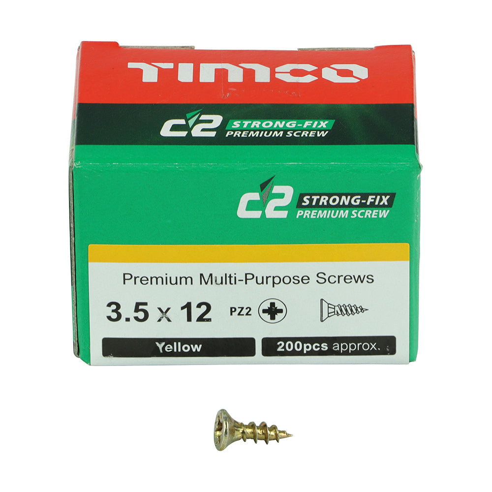 This is an image of Timco - C2 Strong-Fix Screws - PZ - Double Countersunk - Sharp Point - Yellow 3.5 x 12mm - (200 PCS Box) 35012C2