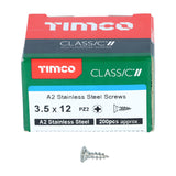 This is an image of Timco - Classic Multi-Purpose Screws - PZ - Double Countersunk - A2 Stainless Steel 3.5 x 12mm - (200 PCS Box) 35012CLASS