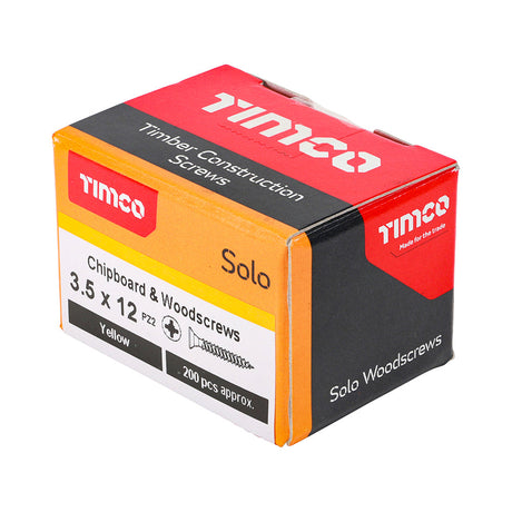 This is an image of Timco - Solo Chipboard & Woodscrews - PZ - Double Countersunk - Yellow 3.5 x 12mm - (200 PCS Box) 35012SOLOC