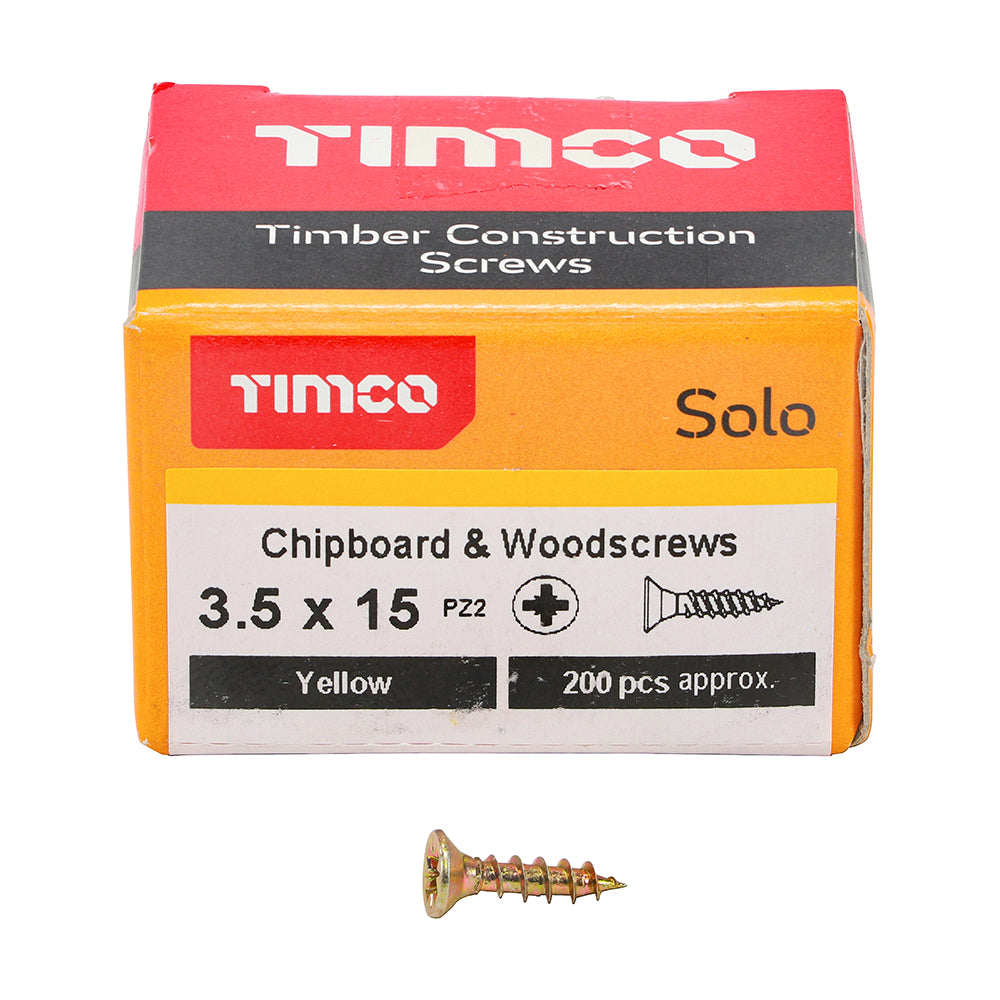 This is an image of Timco - Solo Chipboard & Woodscrews - PZ - Double Countersunk - Yellow 3.5 x 15mm - (200 PCS Box) 35015SOLOC