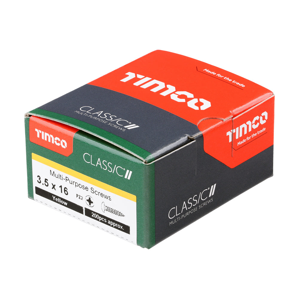 This is an image of Timco - Classic Multi-Purpose Screws - PZ - Pan Head - Yellow 3.5 x 16mm - (200 PCS Box) 35016CLAP