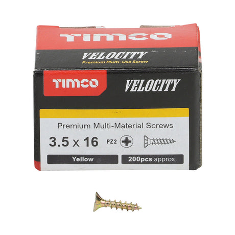 This is an image of Timco - Velocity Premium Multi-Use Screws - PZ - Double Countersunk - Yellow 3.5 x 16mm - (200 PCS Box) 35016VY