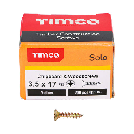 This is an image of Timco - Solo Chipboard & Woodscrews - PZ - Double Countersunk - Yellow 3.5 x 17mm - (200 PCS Box) 35017SOLOC